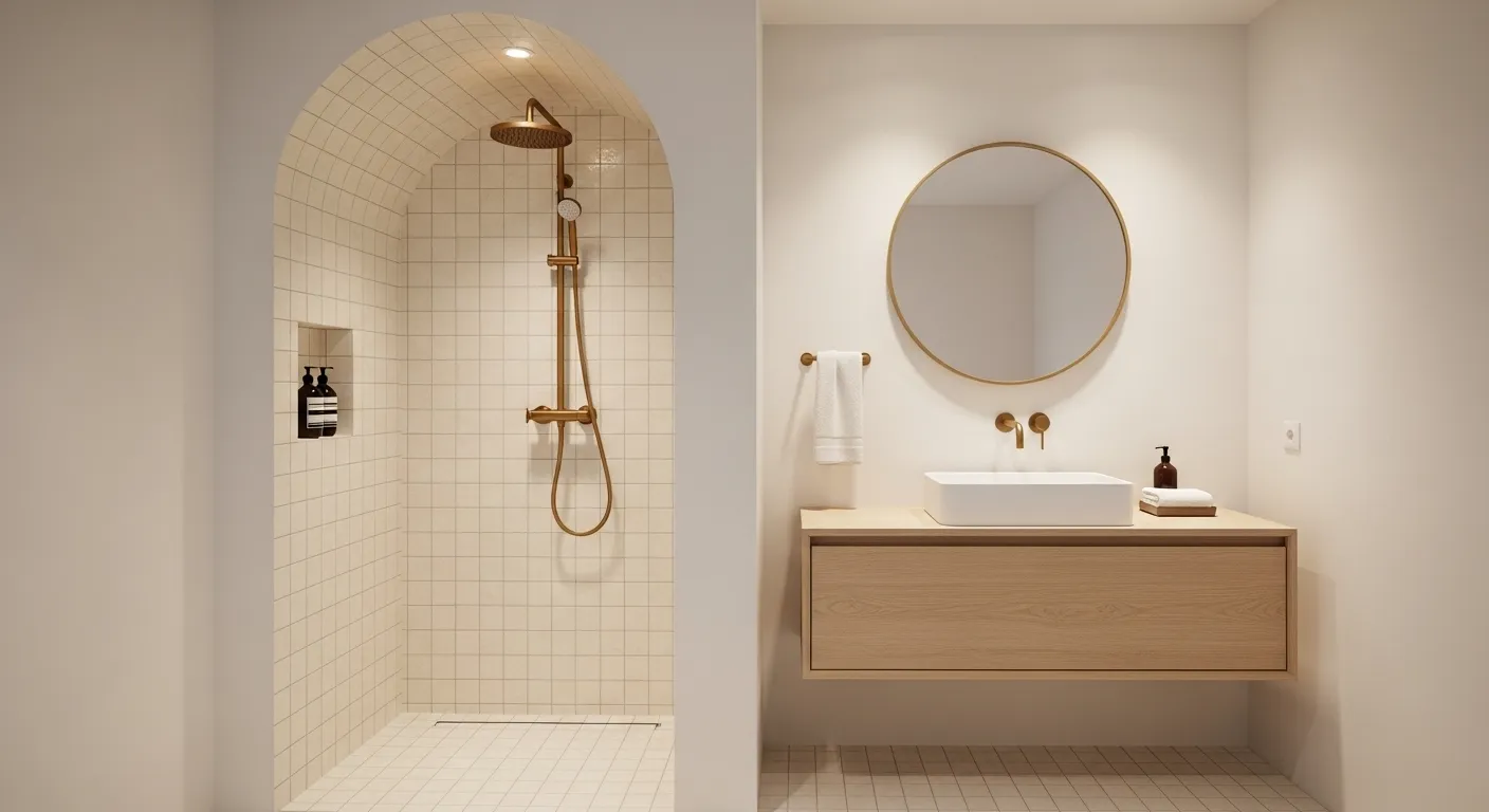 A minimalist bathroom earth tones featuring an arched shower alcove, brass rainfall showerhead, and small square cream-colored tiles.