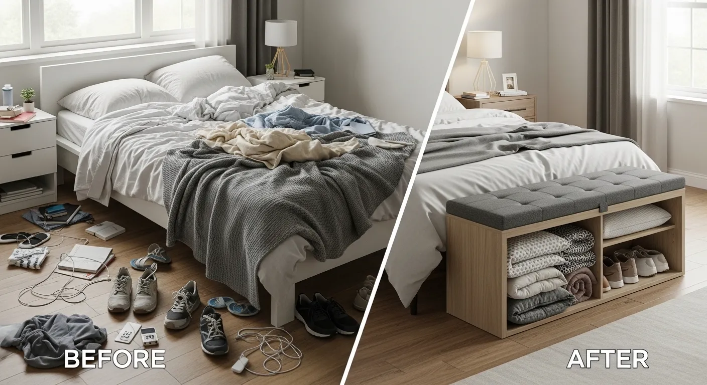 Before and after comparison of a cluttered bedroom versus the same bedroom with a sleek storage bench organizing blankets, pillows, and shoes neatly out of sight