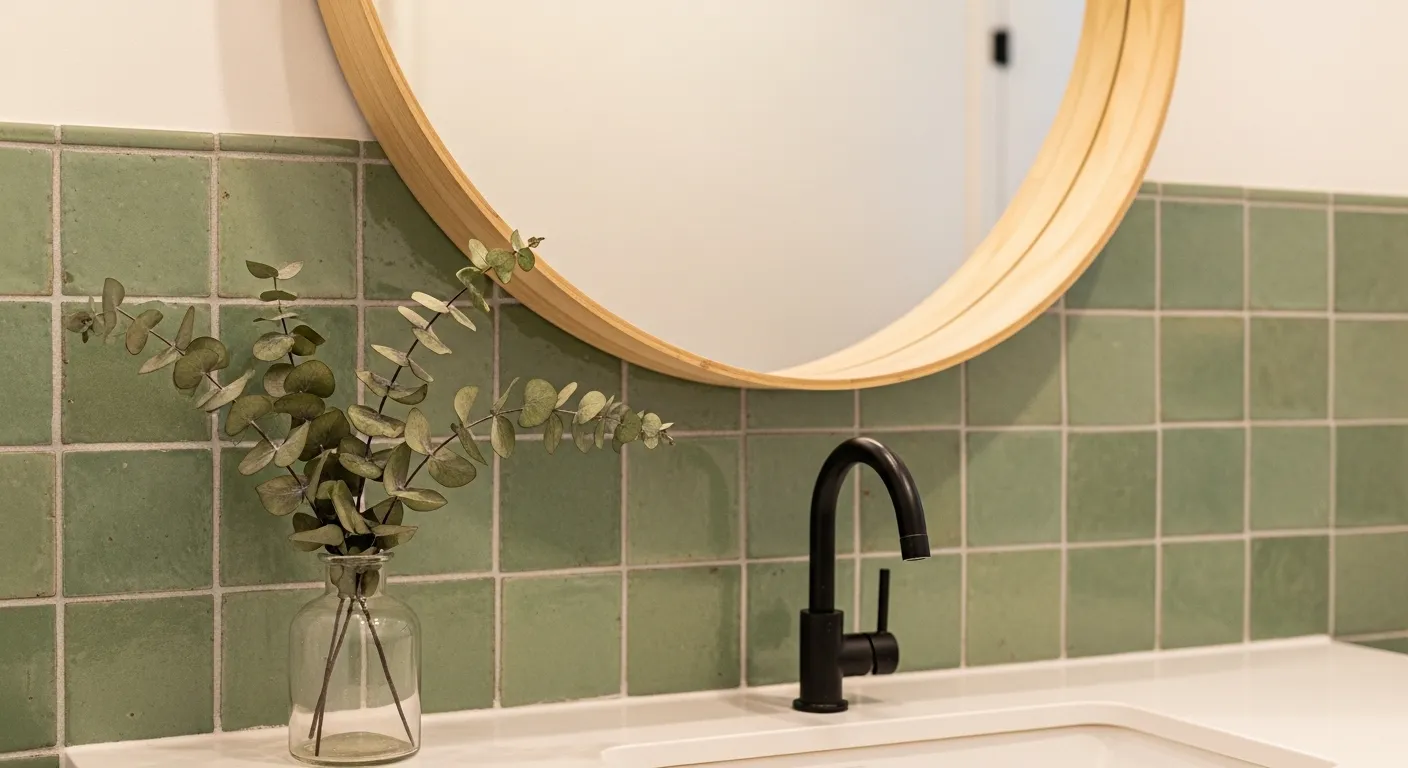 Bathroom Earth Tones, bathroom vanity with a sage green tiled backsplash,