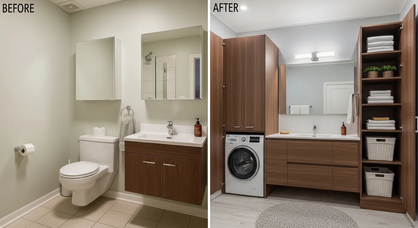 before and after small bathroom with washing machine renovation makeover