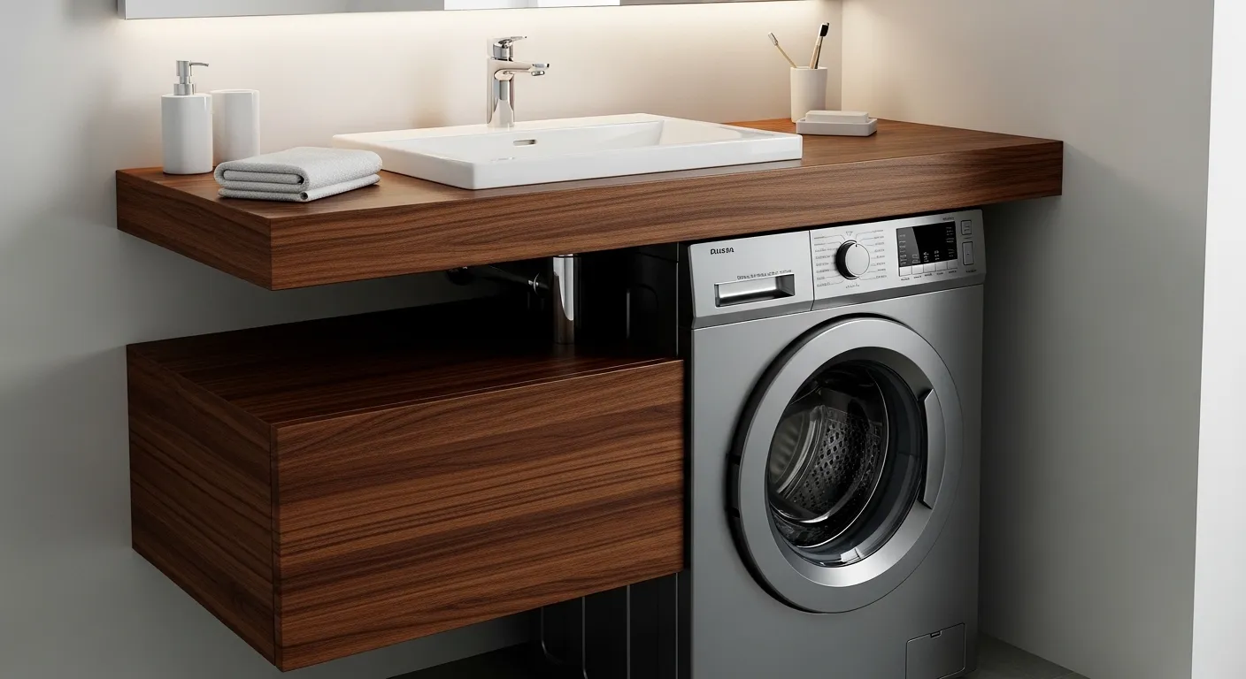 compact washing machine installed under floating bathroom vanity