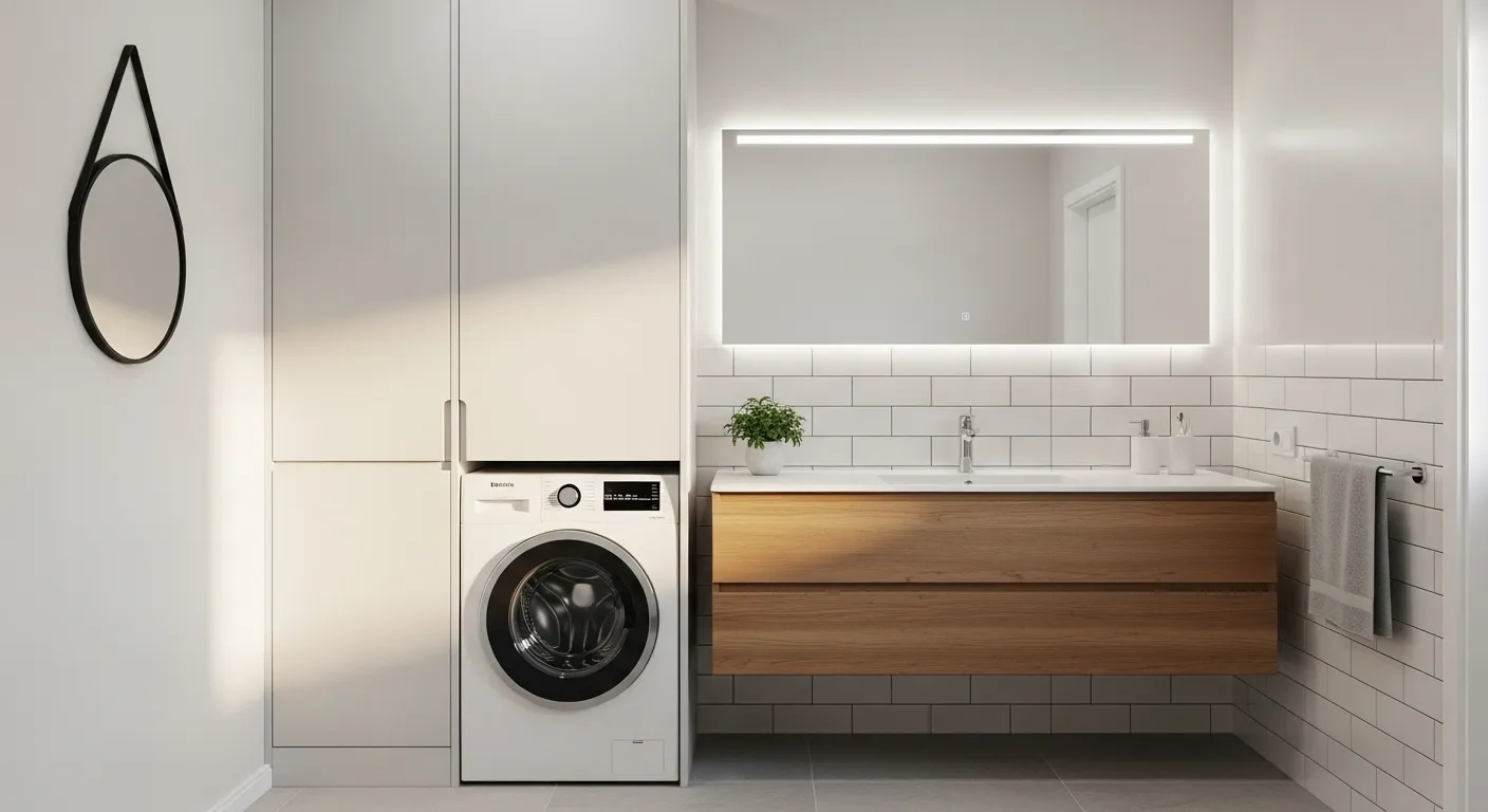 modern small bathroom with washing machine hidden in white cabinet beside floating vanity