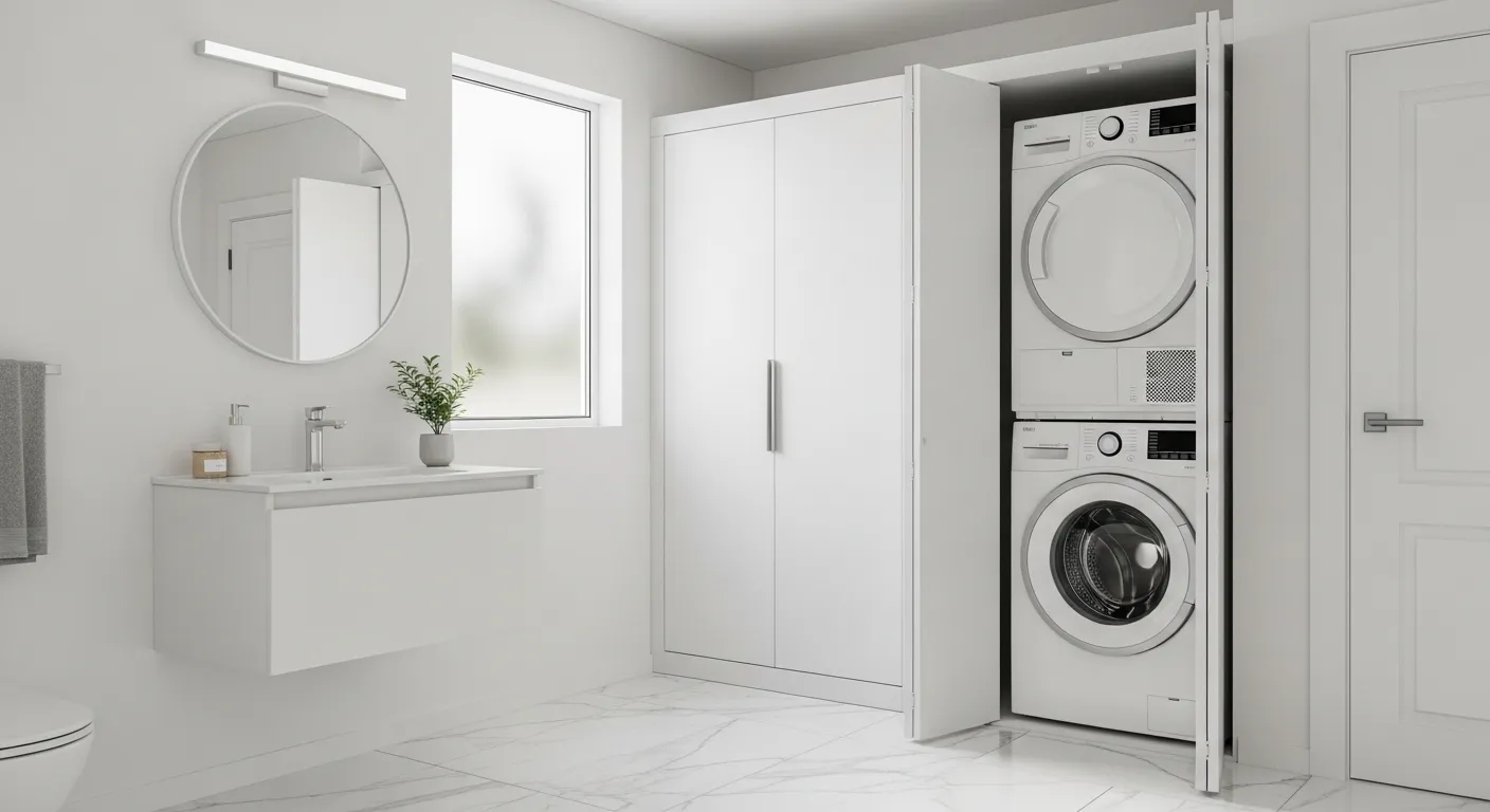 stacked washer dryer cabinet installed in corner of small bathroom