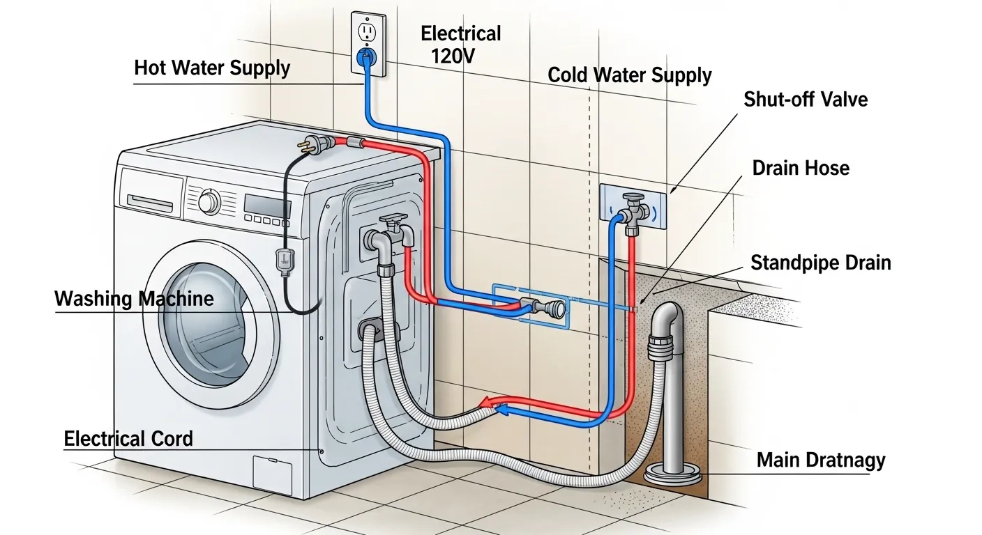 washing machine plumbing and electrical layout inside compact bathroom setup