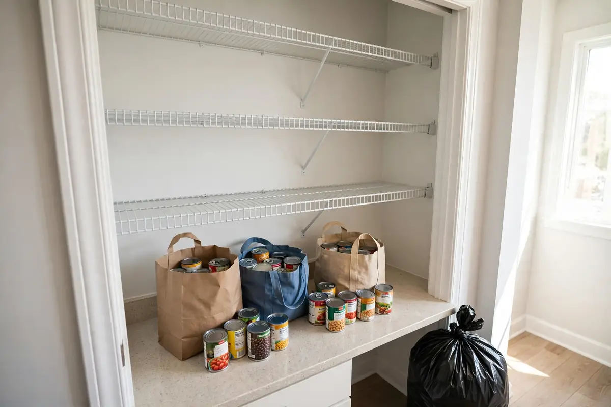 Empty small pantry shelves after a full declutter, with grouped food categories on the counter below