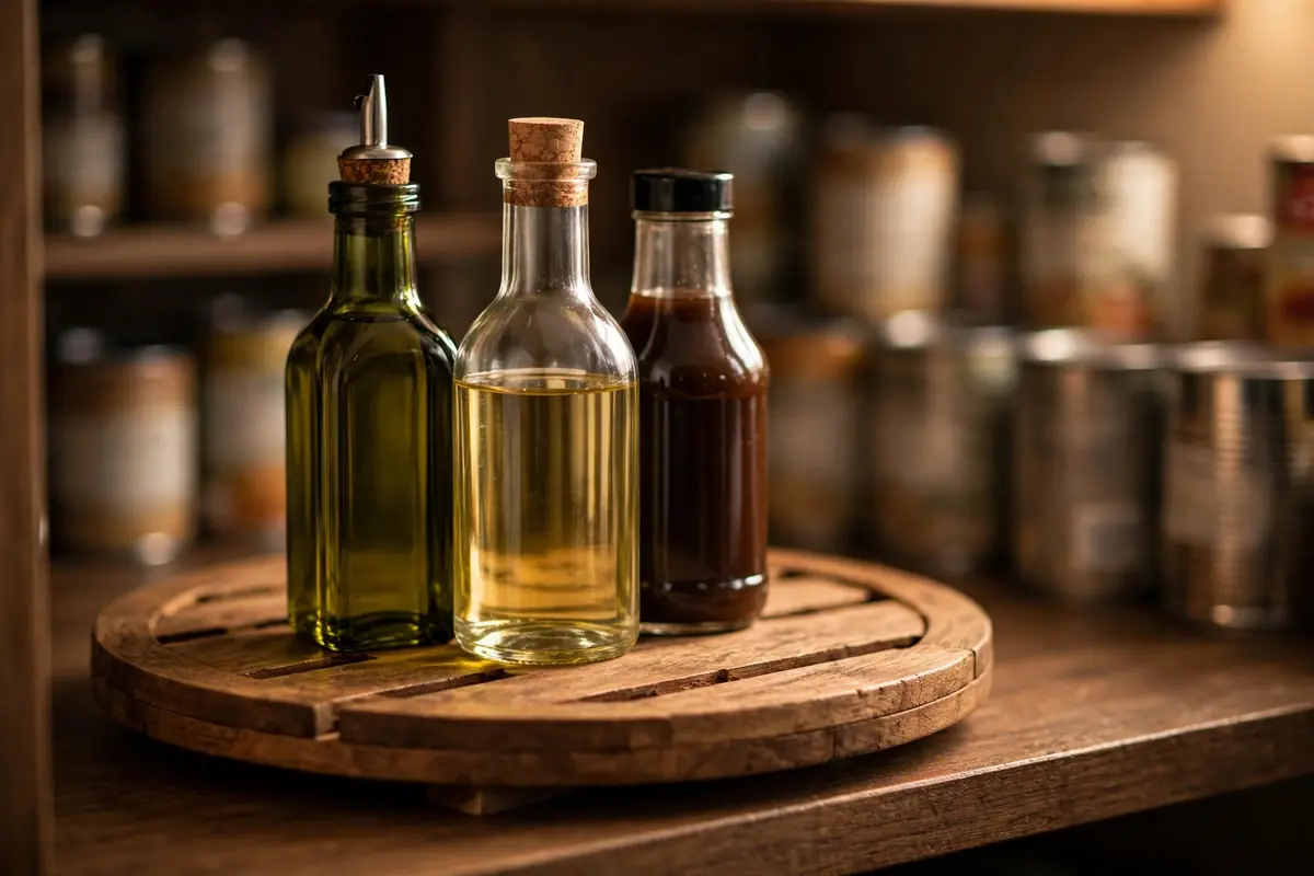 A lazy Susan turntable holding cooking oils and sauces on a deep pantry shelf