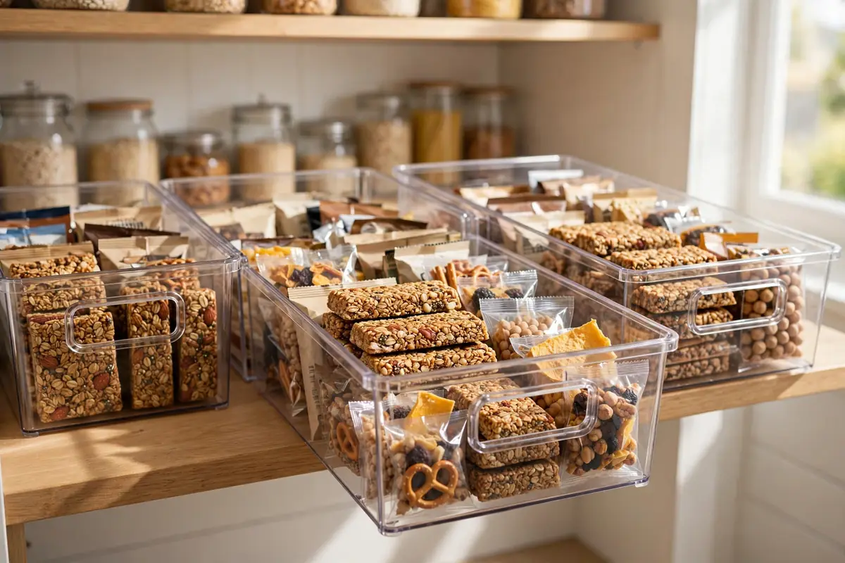 Clear pull-out bins with handles on a deep pantry shelf, filled with snacks and packets