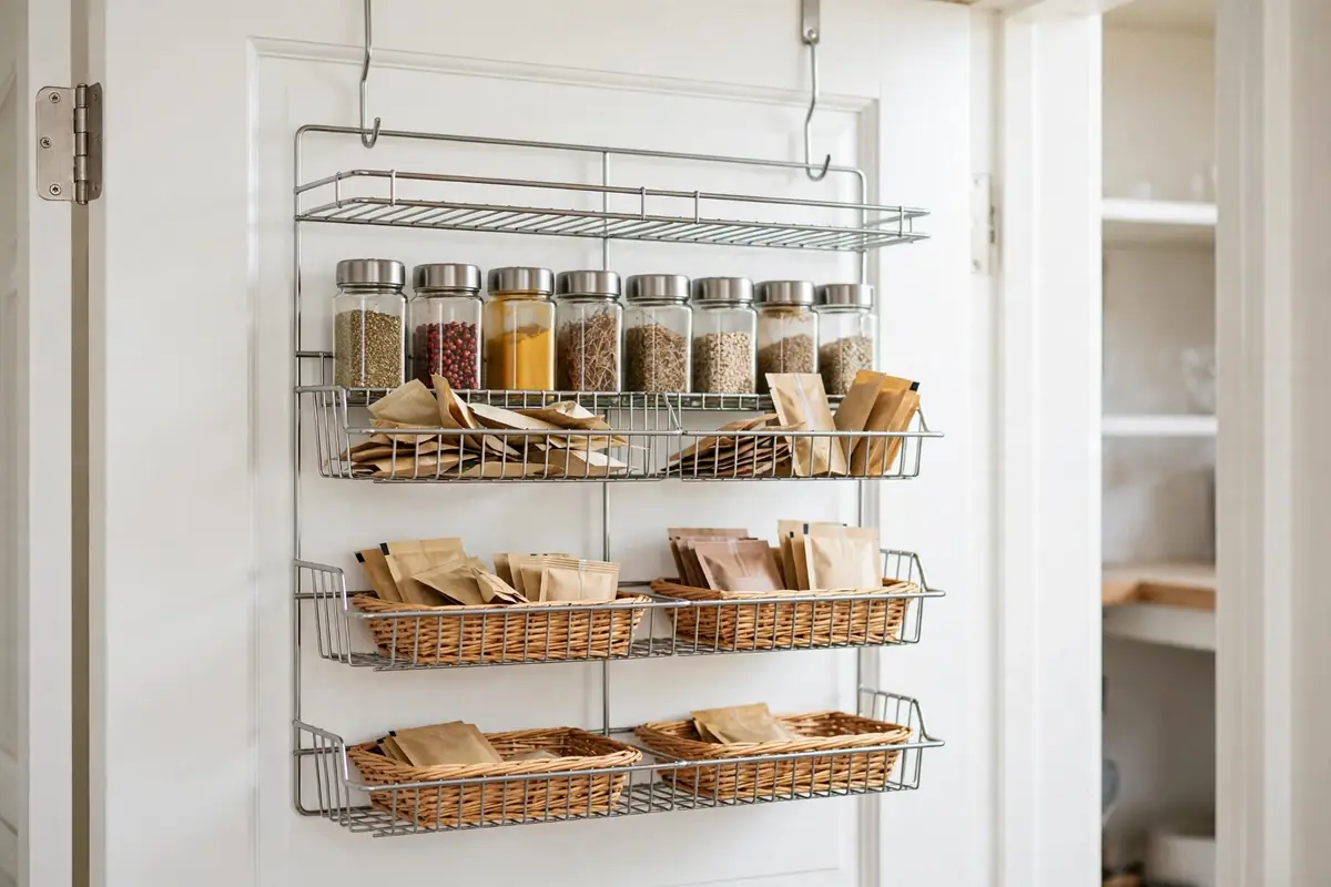 An over-the-door rack on a pantry door holding spice jars, seasoning packets, and wrap boxes
