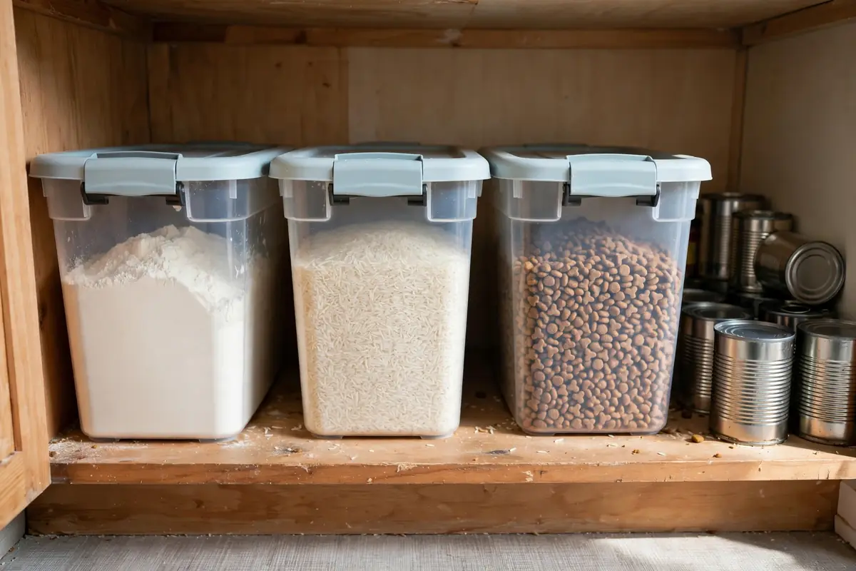 Lidded bins of flour, rice, and pet food stored on the bottom shelf of a small pantry