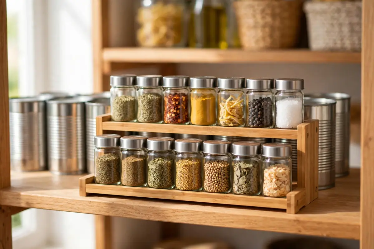 A small tiered spice rack at the front of a pantry shelf with neatly arranged spice jars