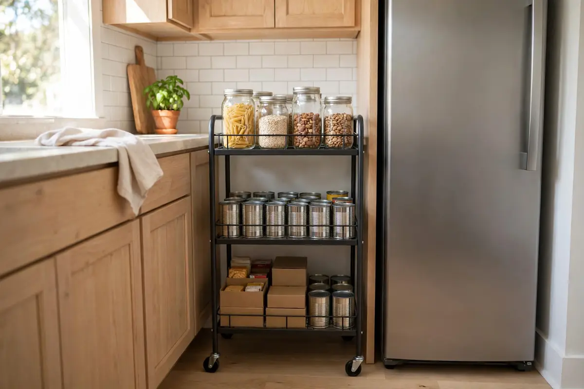 A slim rolling cart used as a pantry in a small kitchen, holding cans, jars, and snacks on three tiers