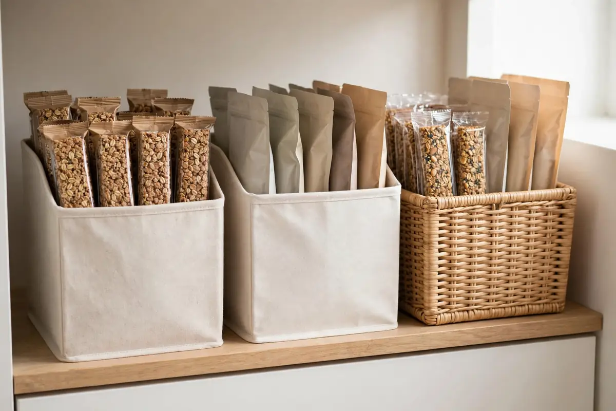 Labeled bins of snacks arranged on a low pantry shelf, standing upright like files