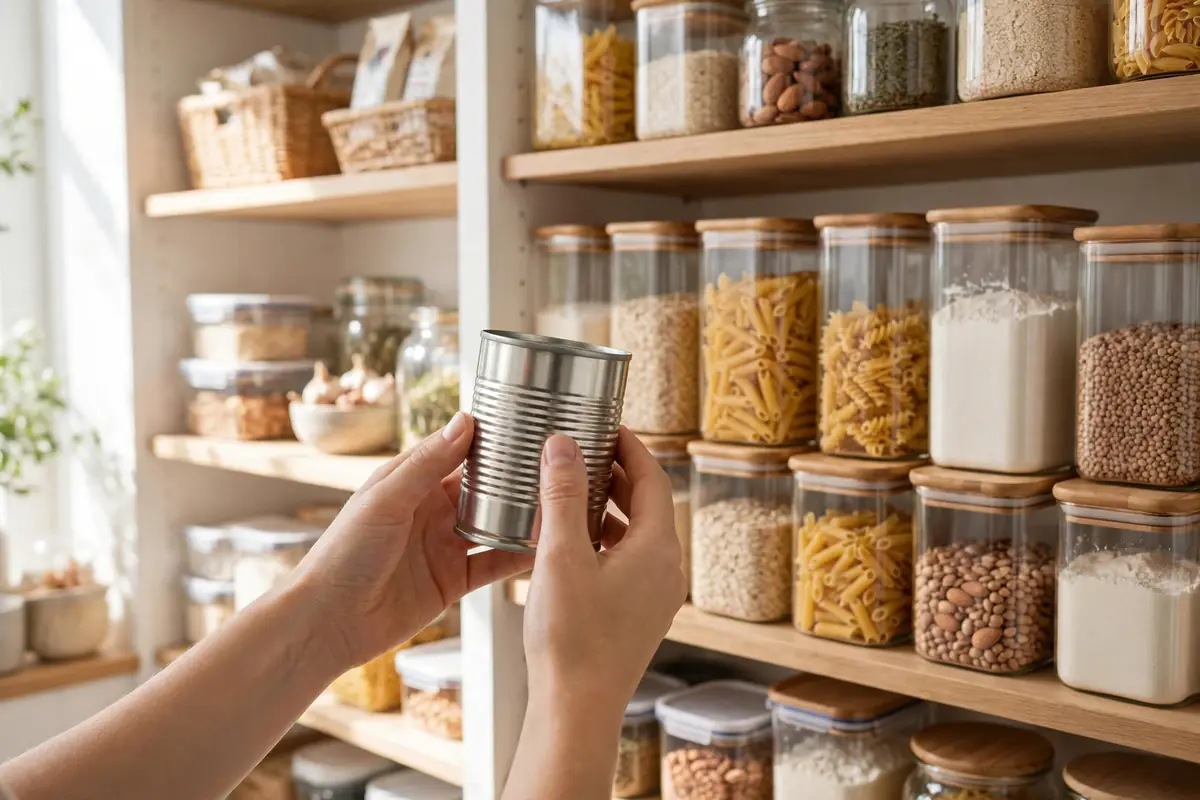 Hands checking expiration dates on pantry items during a grocery unload