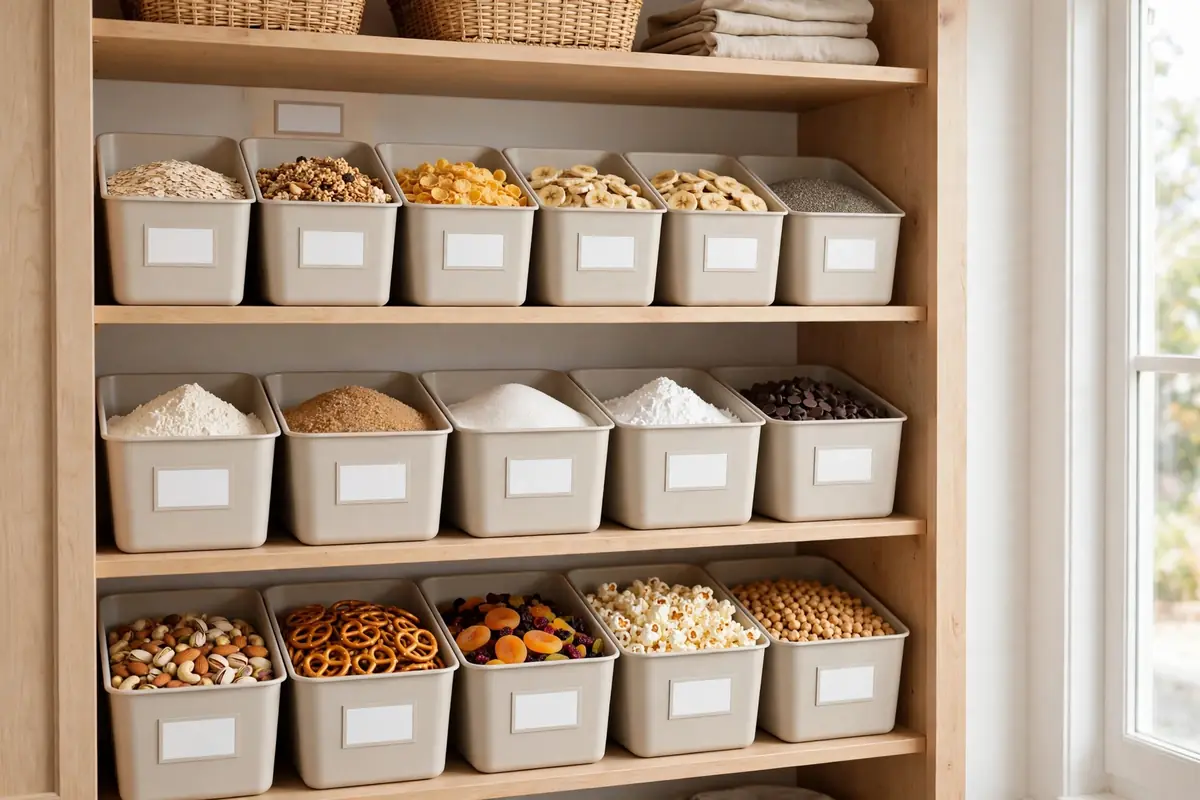 Small pantry finishing touches: 14 zone bins labeled