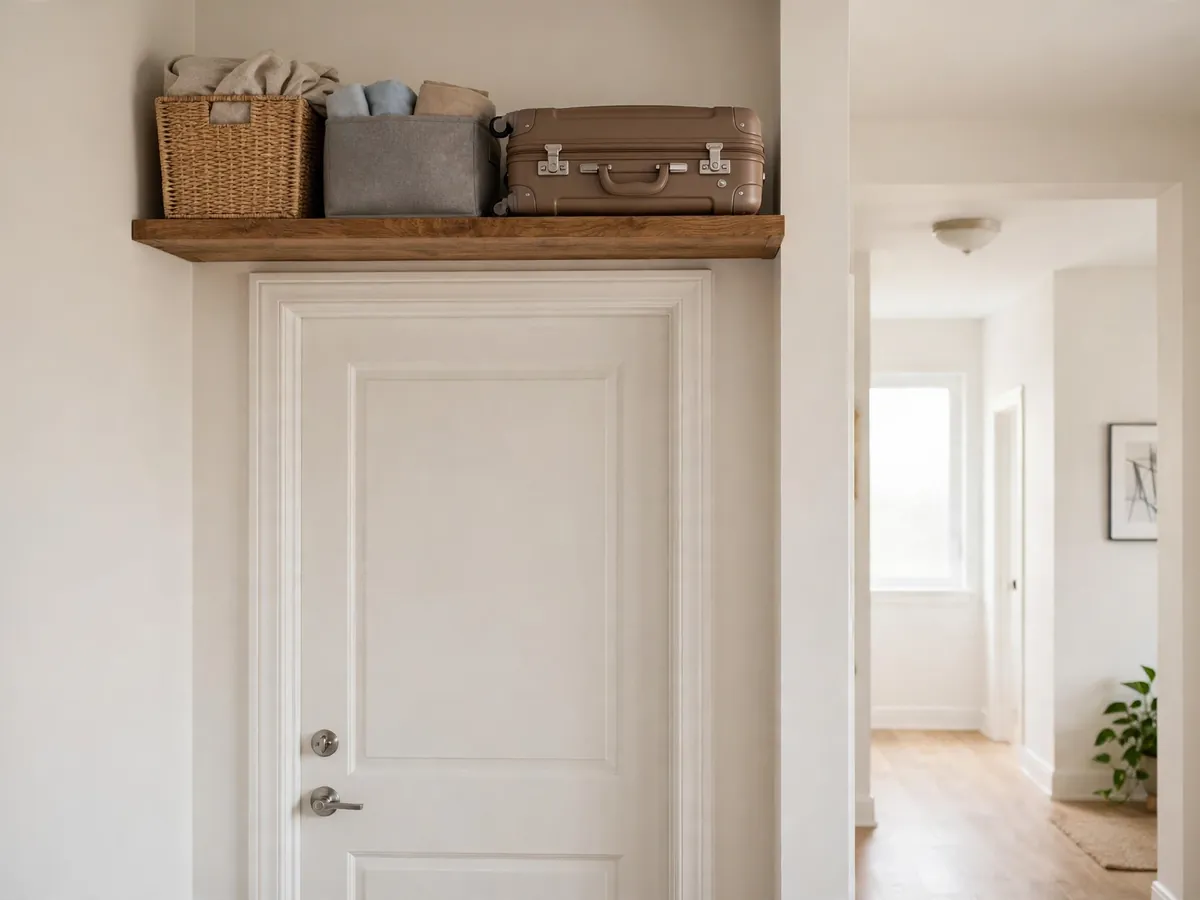 Storage shelf above a door holding labeled bins in a studio apartment