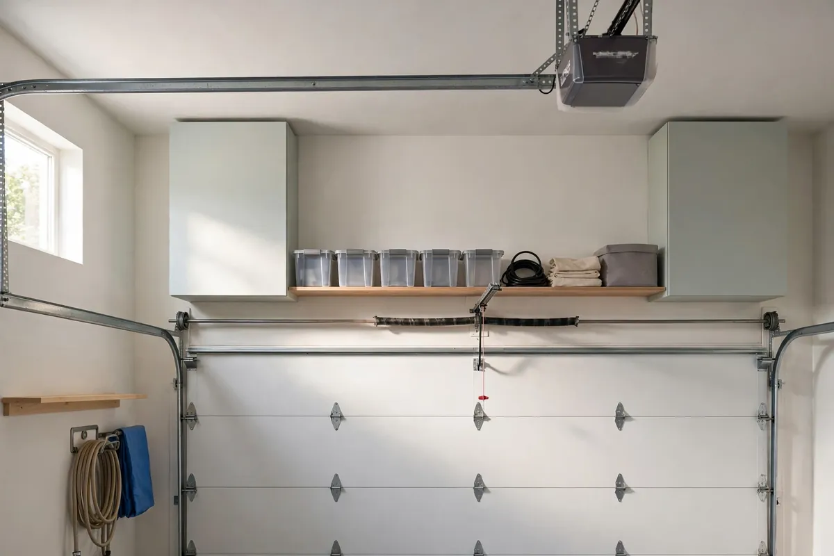 Slim cabinets and a shelf mounted on the wall above a closed garage door.