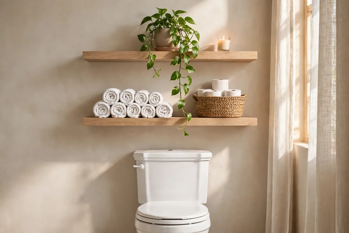 Two floating shelves above a toilet styled with rolled white towels, a small pothos plant, and a woven basket of toilet paper