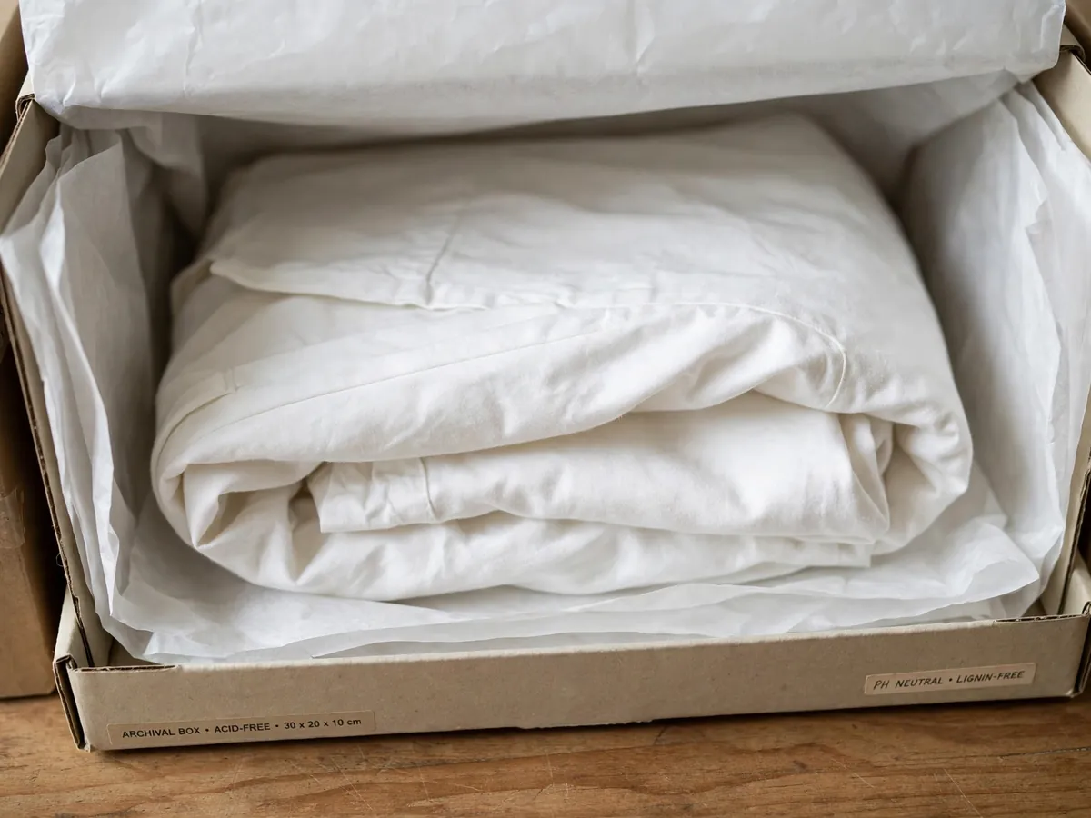 Acid-free tissue paper in an archival storage box with a folded white garment