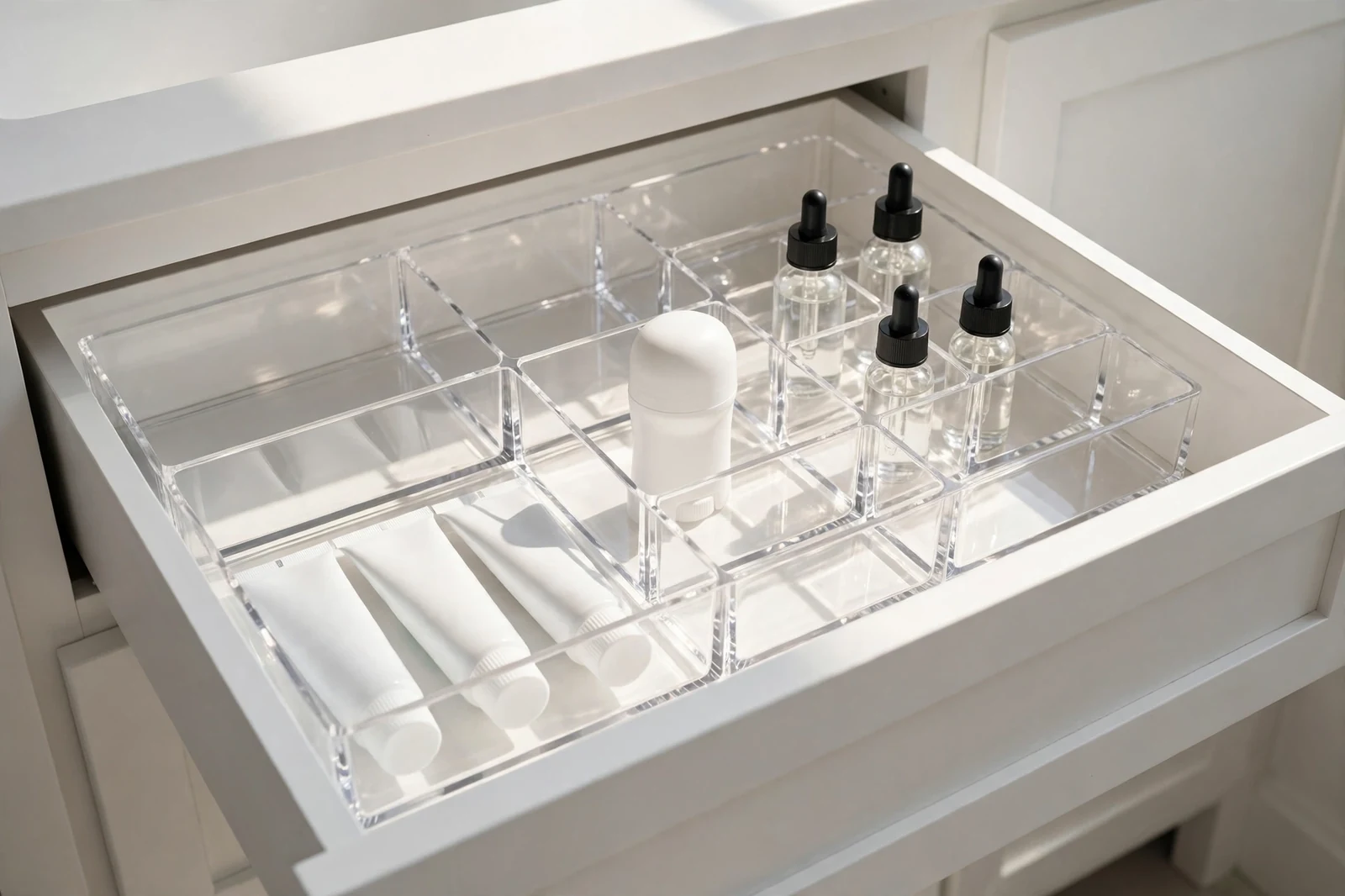Clear acrylic drawer organizers arranged inside a bathroom vanity drawer.