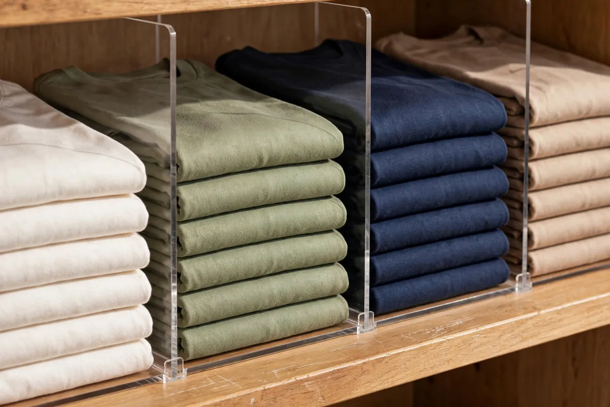 Clear acrylic shelf dividers keeping folded shirts in neat stacks.