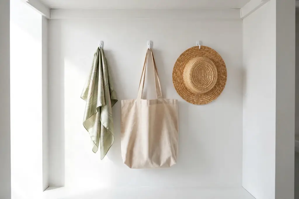 Small adhesive hooks on a white closet wall holding a scarf, a tote bag, and a hat.