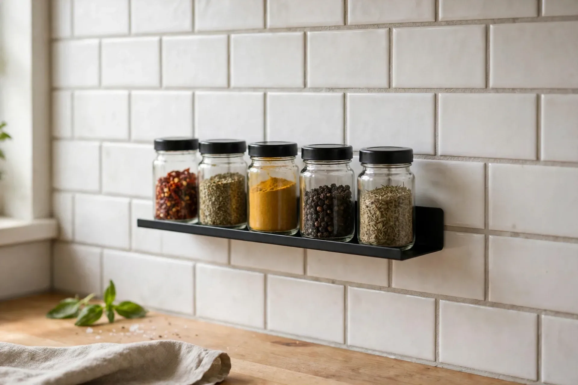 No-drill adhesive spice rack mounted on a kitchen backsplash