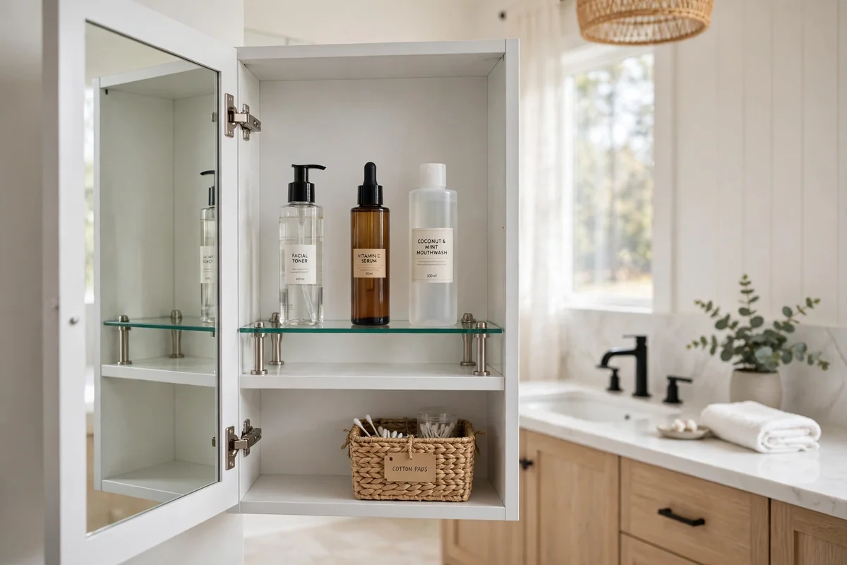 Medicine cabinet with adjustable glass shelf holding tall bottles upright