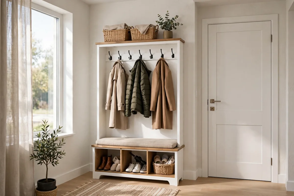 All-in-one hall tree with bench, hooks, and shoe storage in a small entryway