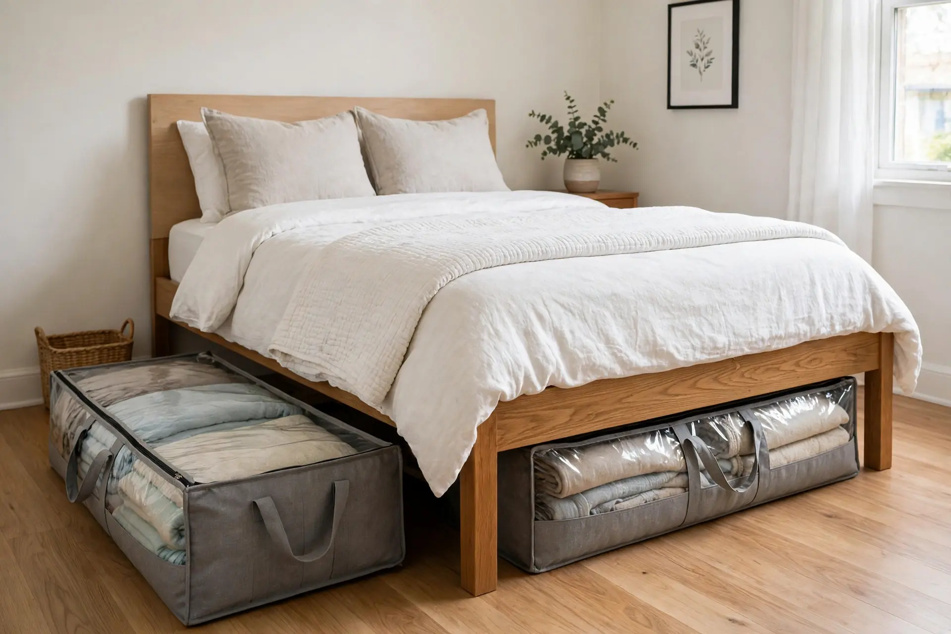 Two long grey fabric under-bed bags with clear windows under a bed
