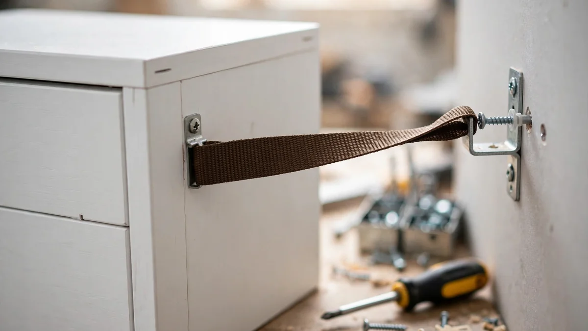 Close-up of an anti-tip wall anchor strap being installed on a bathroom shelf unit