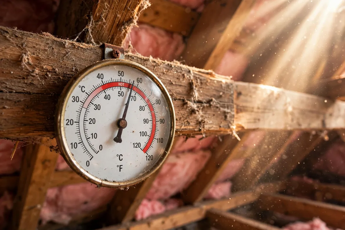 Thermometer on an attic rafter showing extreme summer heat above the insulation.