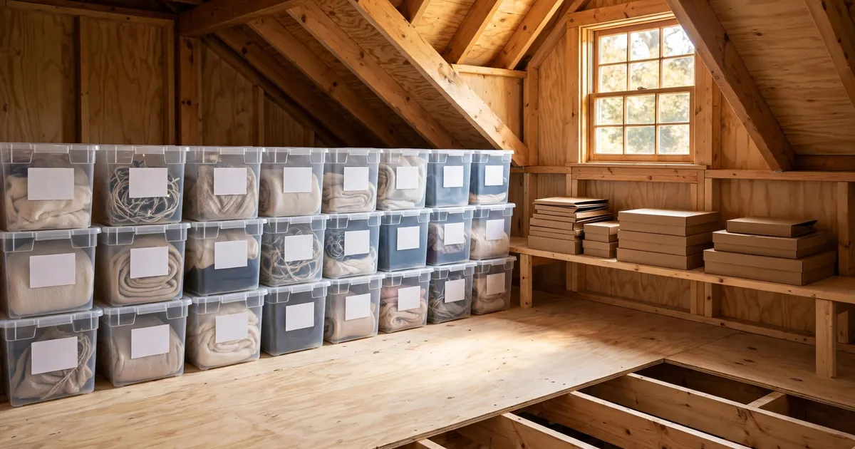 Attic storage ideas: organized attic with clear labeled bins on plywood decking under roof trusses.