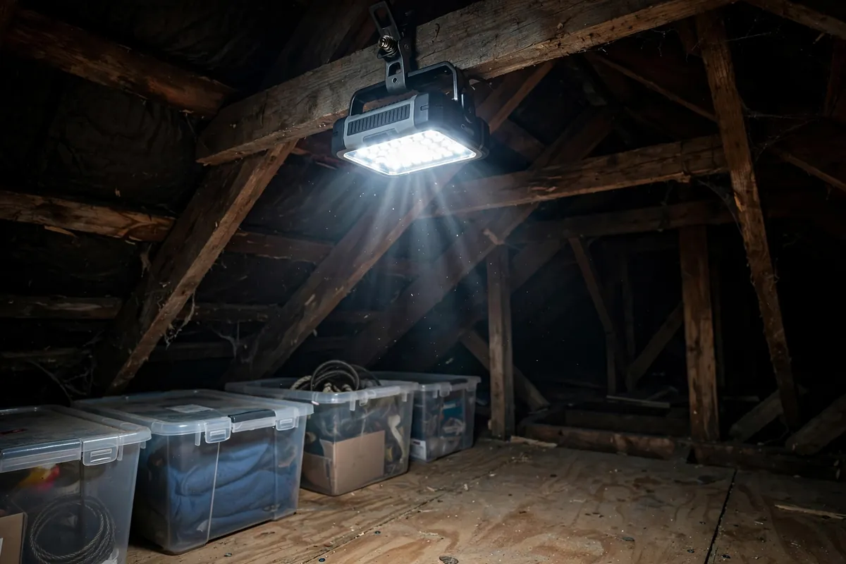 LED work light clipped to an attic rafter lighting up storage bins and decking.