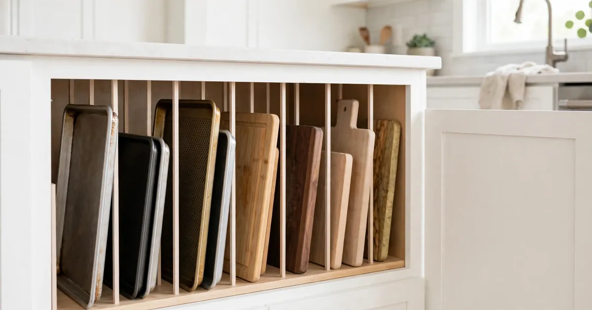 How to store baking sheets and cutting boards upright: baking sheets and cutting boards filed upright in a kitchen cabinet divider