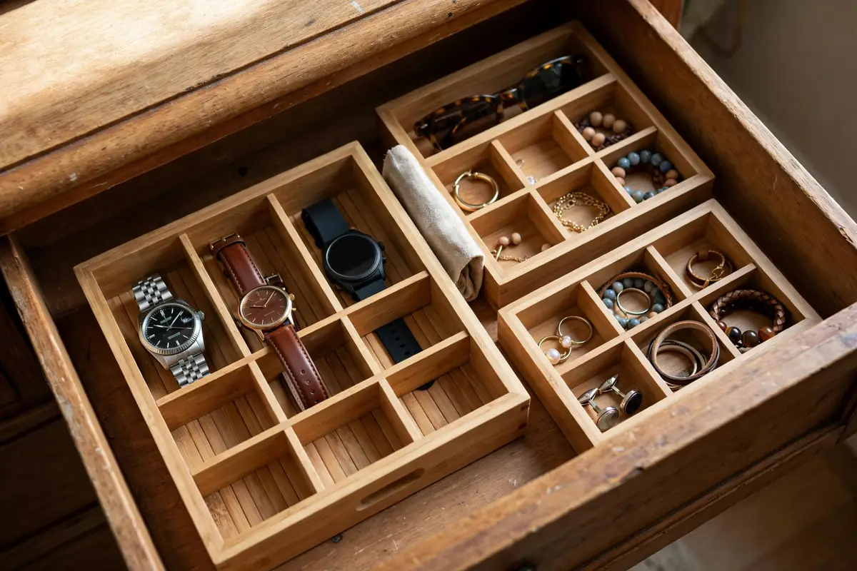 Bamboo drawer boxes organizing accessories in a shallow top drawer