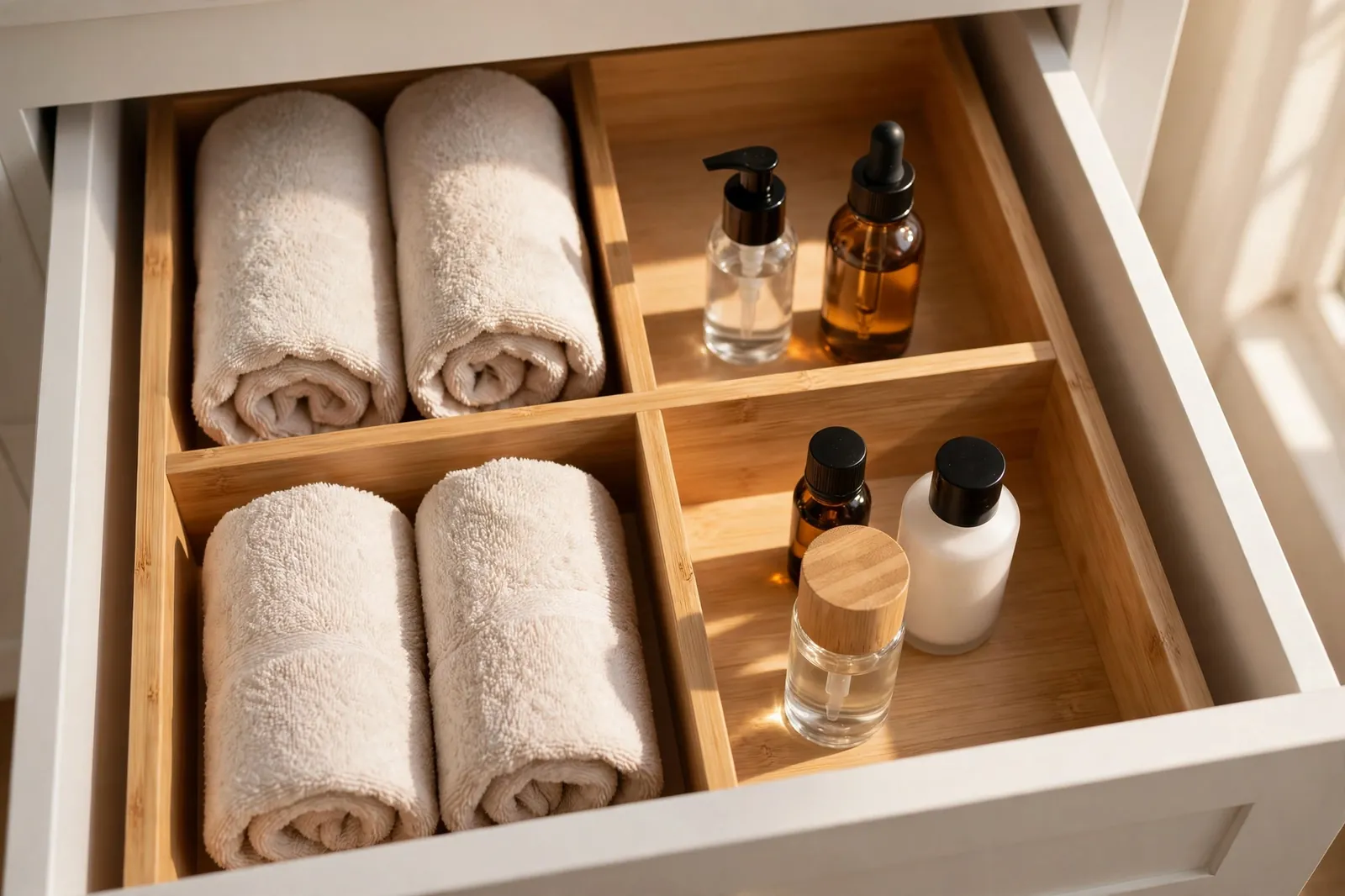 Bamboo drawer dividers creating sections in a bathroom drawer.