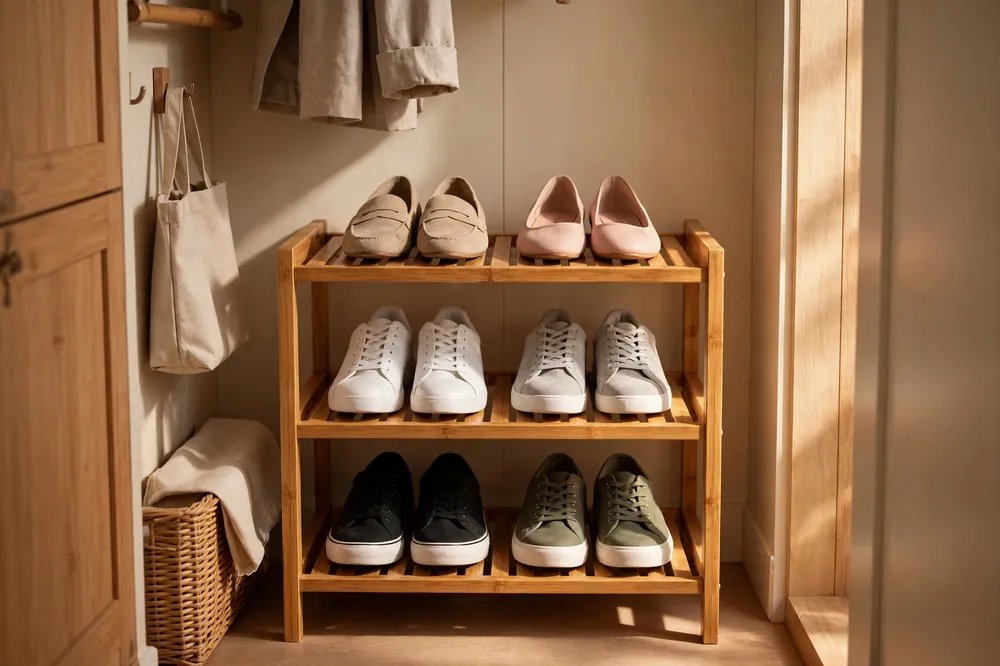 Bamboo 3-tier shoe rack in a small closet with sneakers and flats arranged neatly