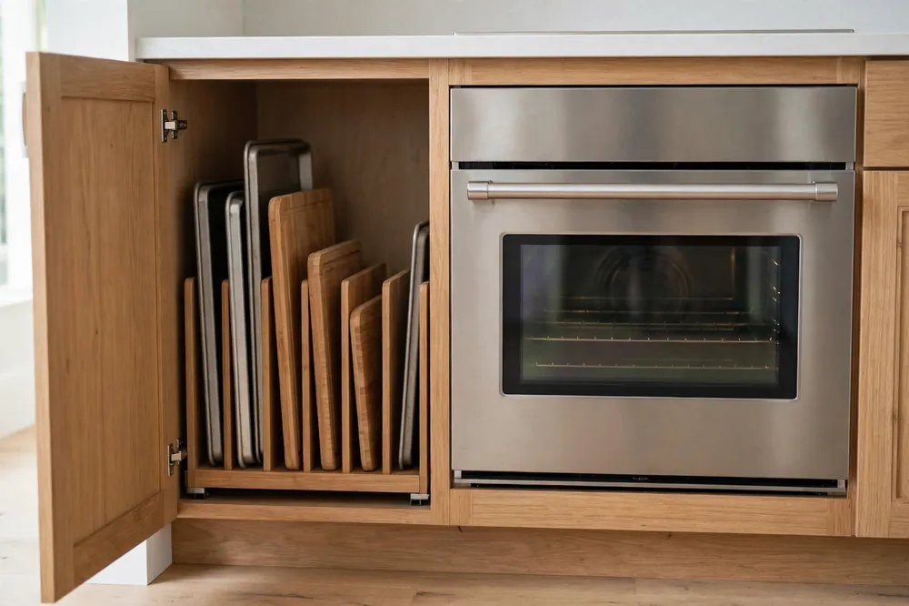 Open kitchen base cabinet with baking sheets and cutting boards filed upright in a divider