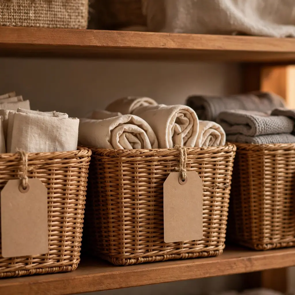 Wicker storage baskets with kraft paper tags showing a simple basket labeling system