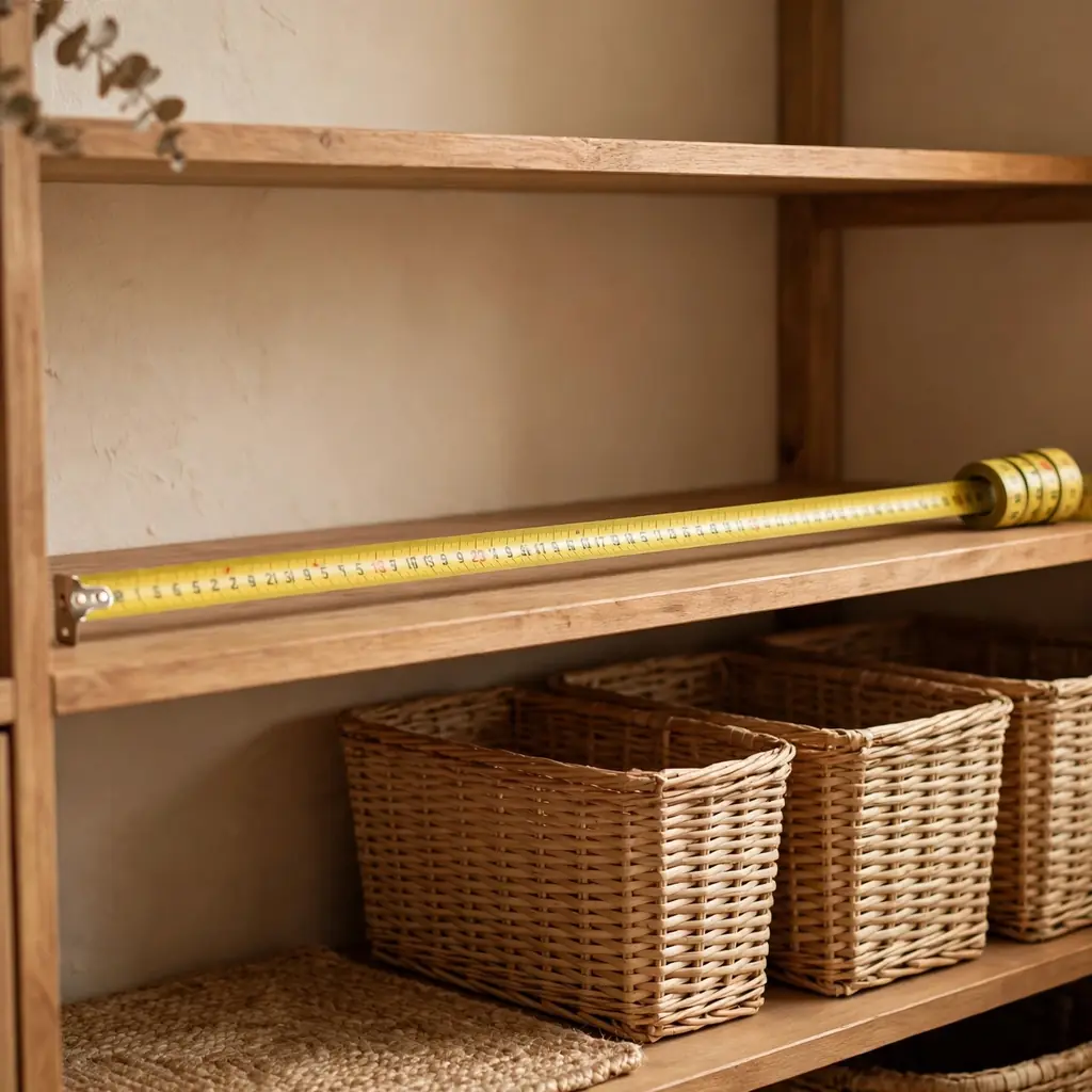 Measuring tape stretched across a shelf space next to baskets to measure before buying