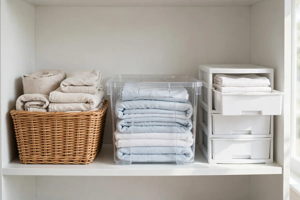 Woven basket, clear bin, and stackable drawer side by side on a closet shelf for comparison