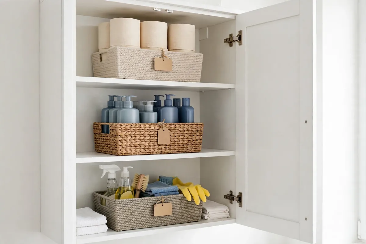 Open bathroom cabinet with labeled bins holding backup toilet paper, refill bottles, and cleaning supplies