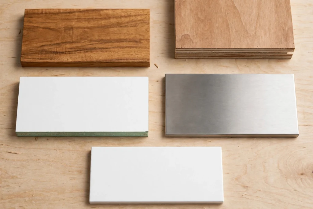 Bathroom storage cabinet materials compared: solid wood, marine plywood, MDF, stainless steel, and PVC samples