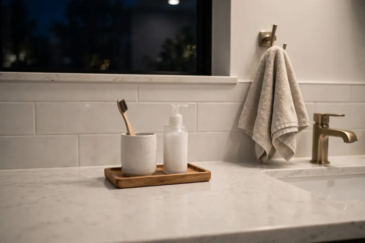 Clear bathroom counter at night with only a small tray holding a toothbrush cup and moisturizer