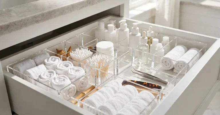 Bathroom drawer organization ideas: open vanity drawer with neatly organized toiletry organizers.