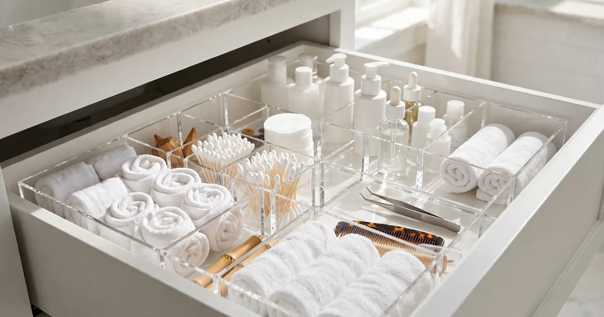Bathroom drawer organization ideas: open vanity drawer with neatly organized toiletry organizers.