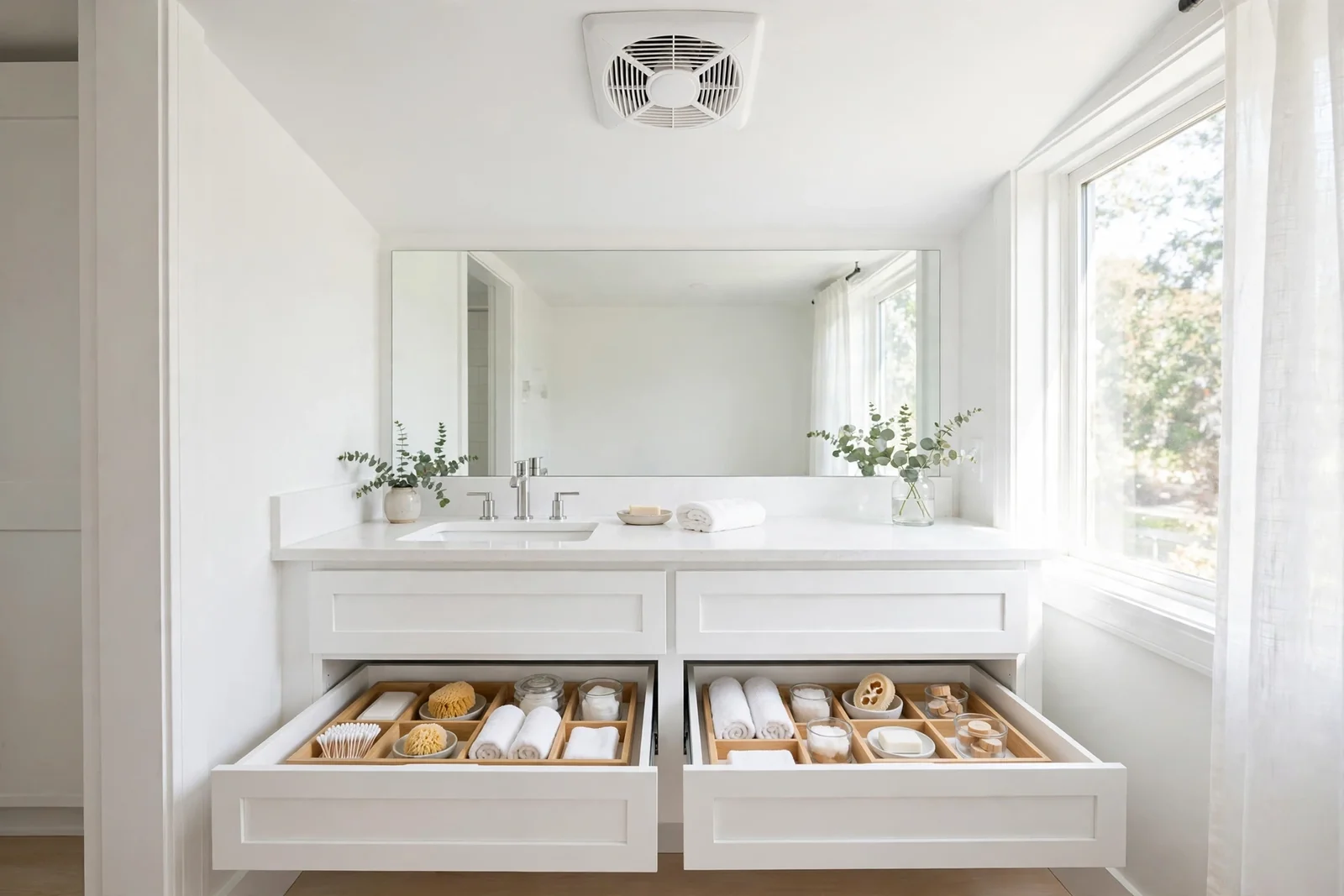 Running the bathroom exhaust fan to keep drawers dry and mold-free.