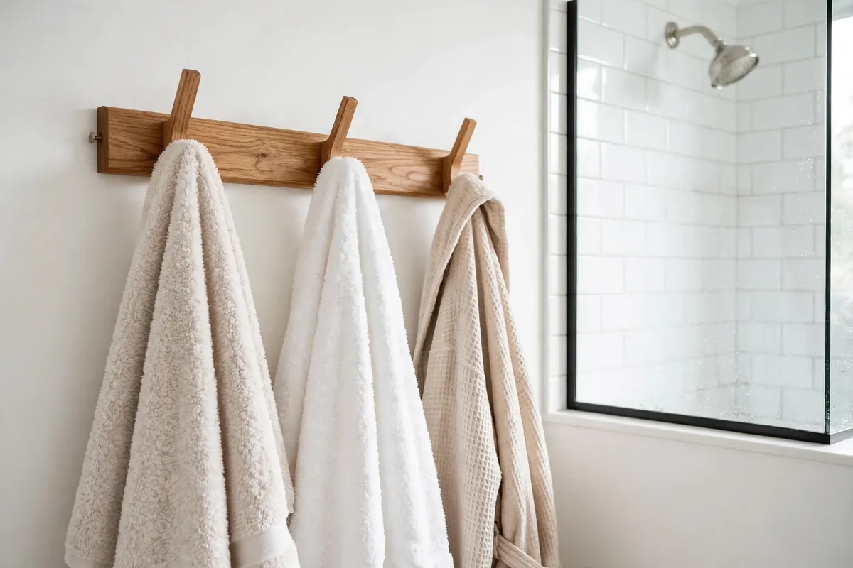 Wooden towel hook rail on a bathroom wall holding towels and a bathrobe near a shower