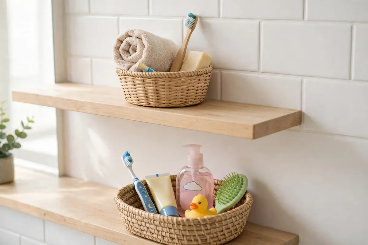 Woven basket on a bathroom shelf holding a rolled guest towel, spare toothbrush, and soap