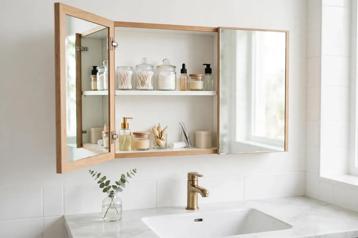 Open mirrored bathroom cabinet above a sink with small toiletries arranged on two shelves